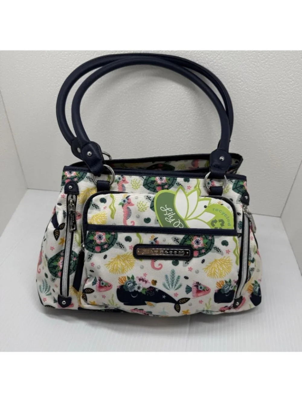 Lily Bloom Maggie Satchel OS Navy Multicolor Ocean Turtles Whales NWT Eco Purse